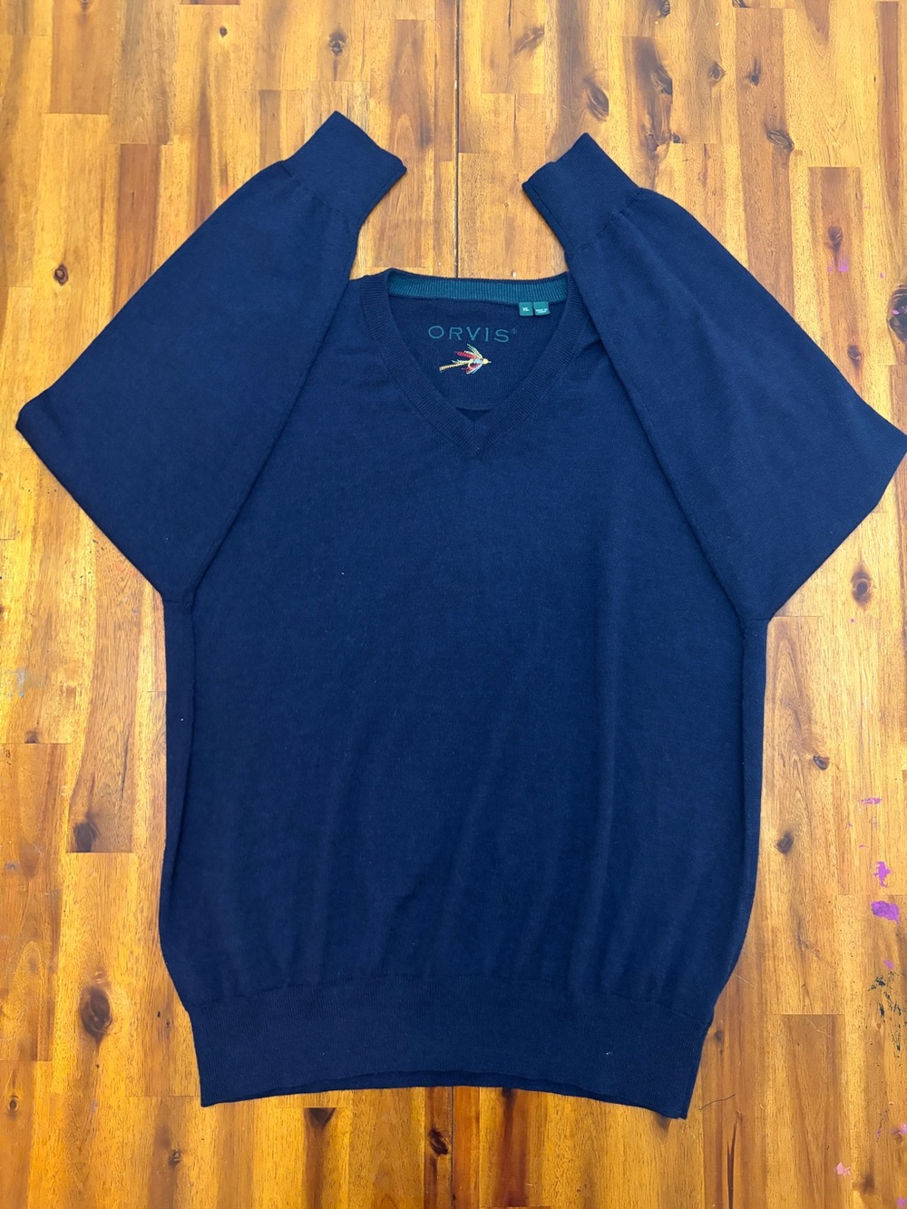 Orvis  Men's XL Navy Blue V-Neck Sweater 100% Merino Wool Long Sleeve